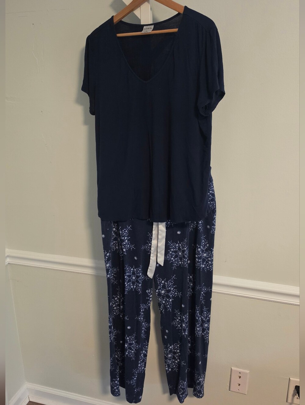 Soma Cool Nights Pajama Set Navy Print V-Neck Top Wide Leg Pants Large Like New